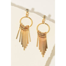 Load image into Gallery viewer, Textured Metallic Bar Fringe Hoop Dangle Earrings: GD
