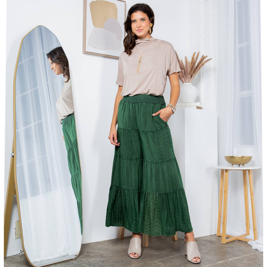 Basil Embroidered Patchwork Pants With Smocked Waist