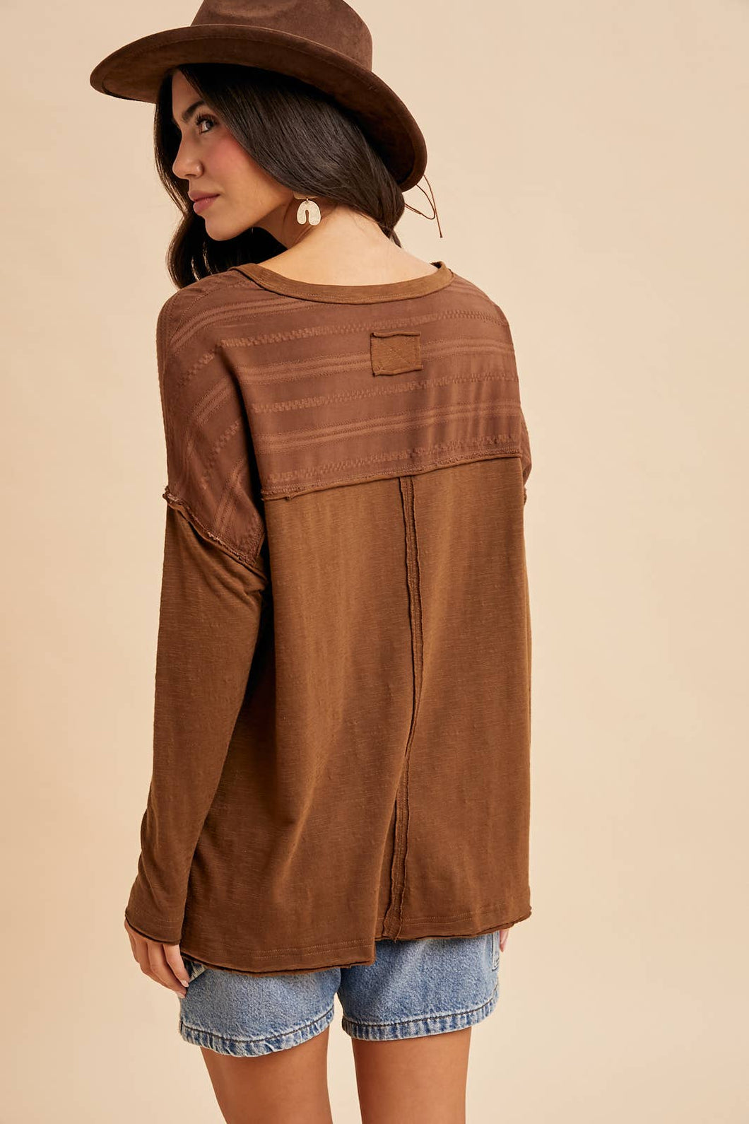 Emma Embroidered Long Sleeve Tee in Chocolate