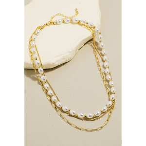 Gold Dipped Pearl Beaded Layered Chains Necklace: Gold