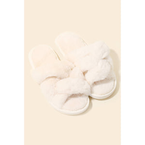 Open Toe Cross Band Fur Slippers: L (9-10)