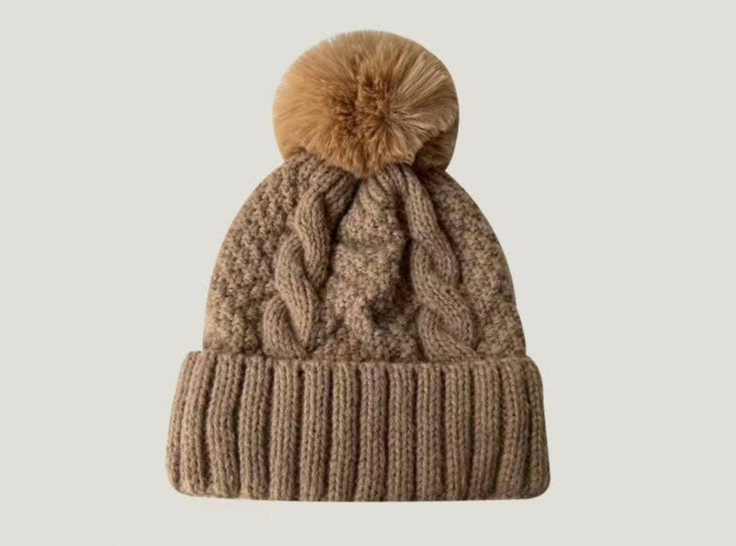 Fuzzy Knitted Pom Beanie Hat - Camel