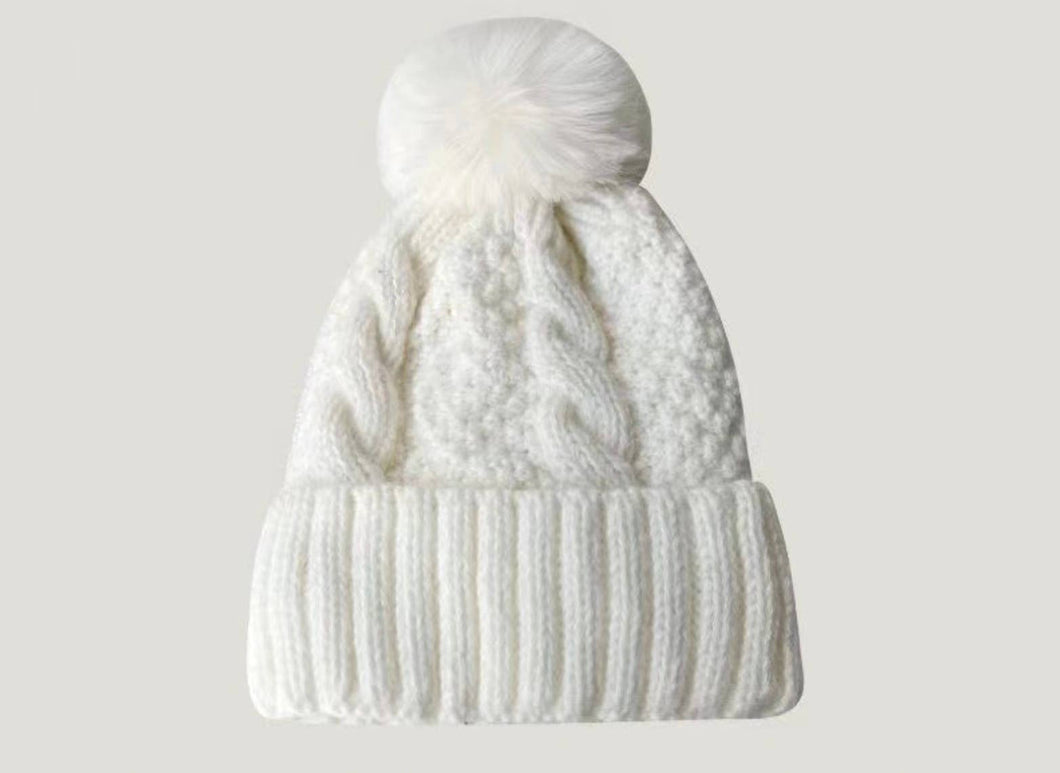 Fuzzy Knitted Pom Beanie Hat - White