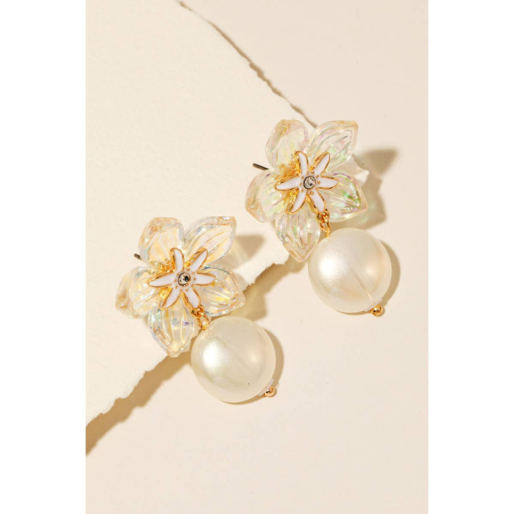 Iridescent Flower And Pearl Charm Dangle Earrings in Gold