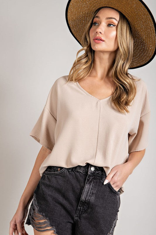 Cindy Short Sleeve V-Neck Blouse in Taupe