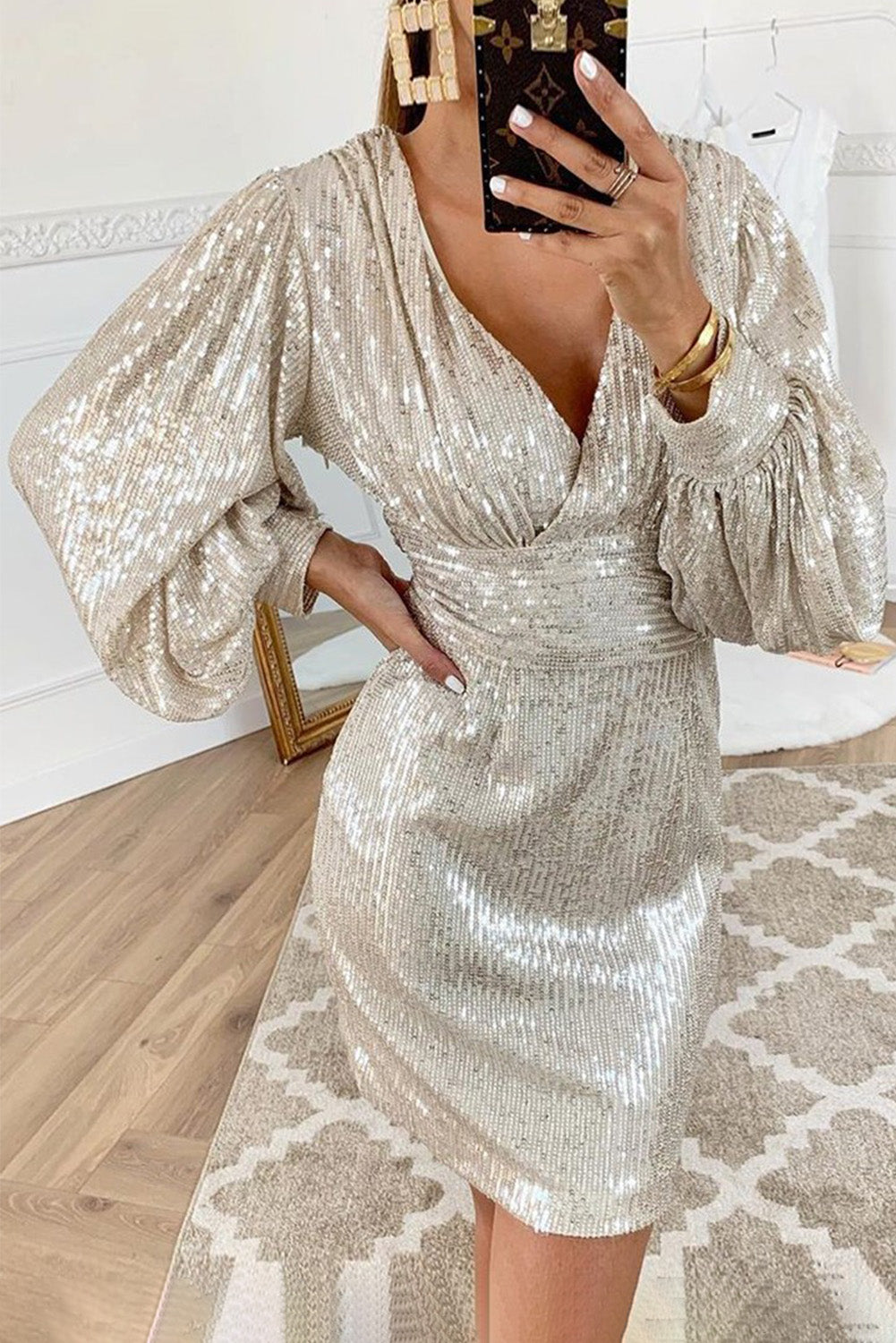 Lantern Sleeve Sequin Dress