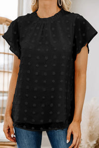 SALE - Pleated Collar Blouse with Swiss Dots - Black