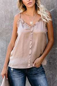 Ruffled V-Neck Tank with Front Detail - Apricot
