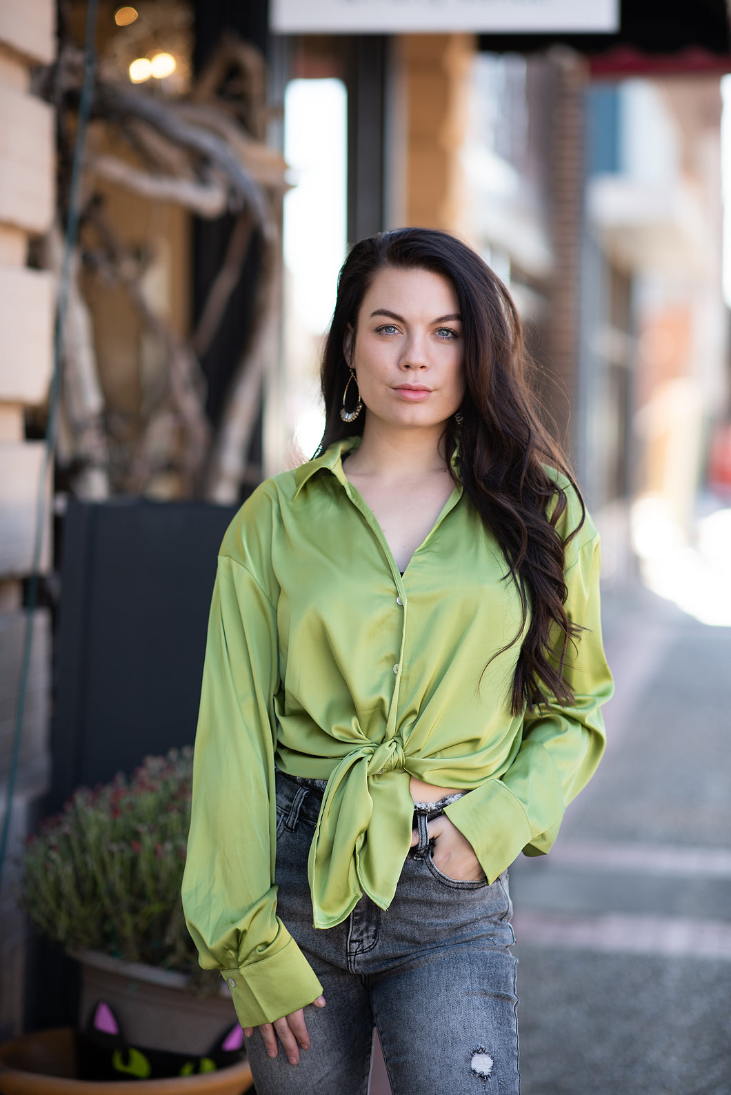 Daphne Silky Button Down in Moss